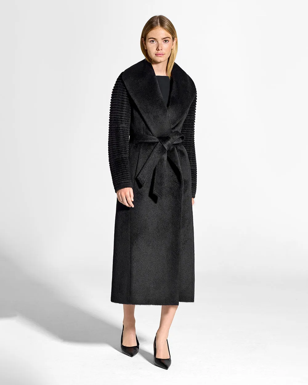 Suri Alpaca Long Shawl Collar Wrap Coat with Ribbed Sleeves