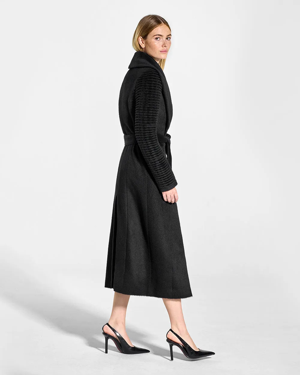 Suri Alpaca Long Shawl Collar Wrap Coat with Ribbed Sleeves
