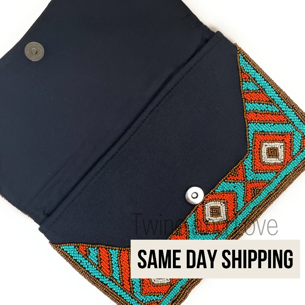 Turquoise Boho Beaded Clutch Purse