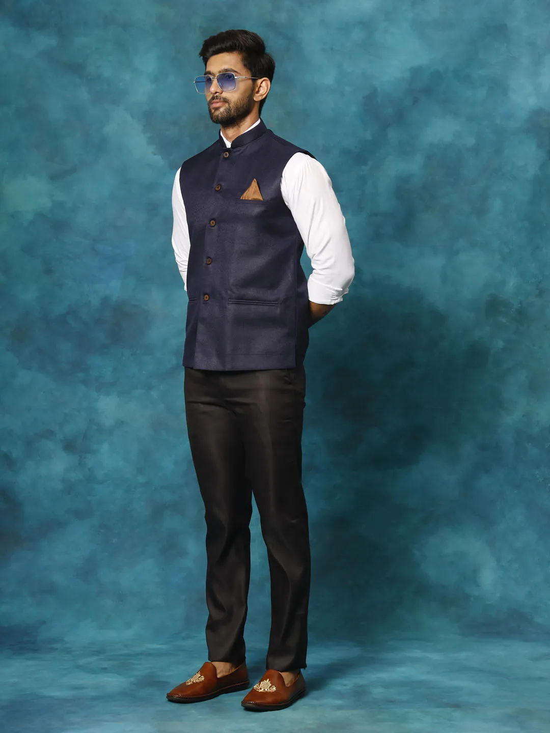 VM BY VASTRAMAY Men's Navy Blue Woven Nehru Jacket