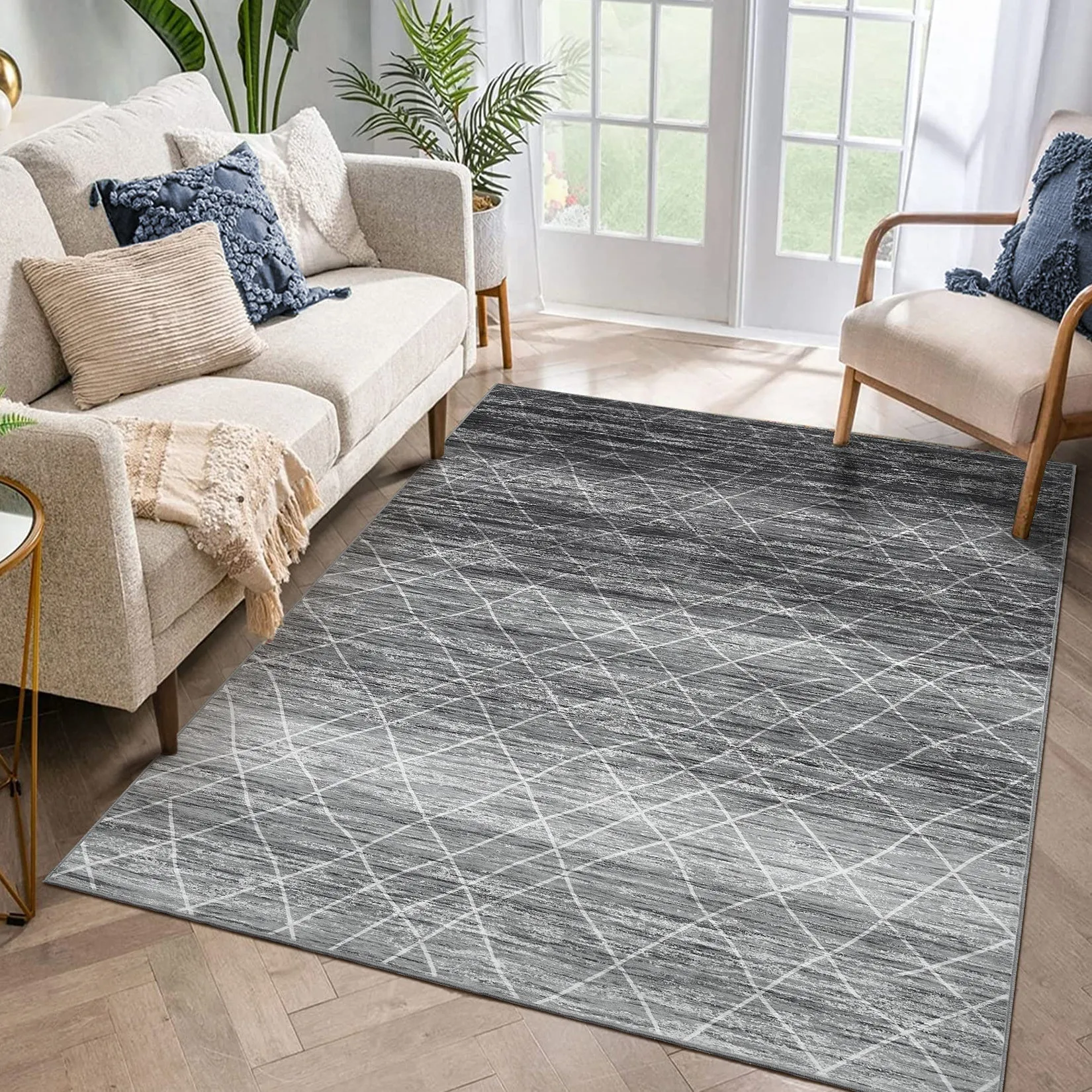 Washable Boho Area Rug for Living Room, Non Slip Neutral Farmhouse Entryway Rug Indoor, Easy Cleaning, Non Shedding, Kitchen Floor Mat Carpet Runner Rugs for Hallway Living Room Bedroom Kitchen Laundry Holiday Decor,Grey Brown Blue