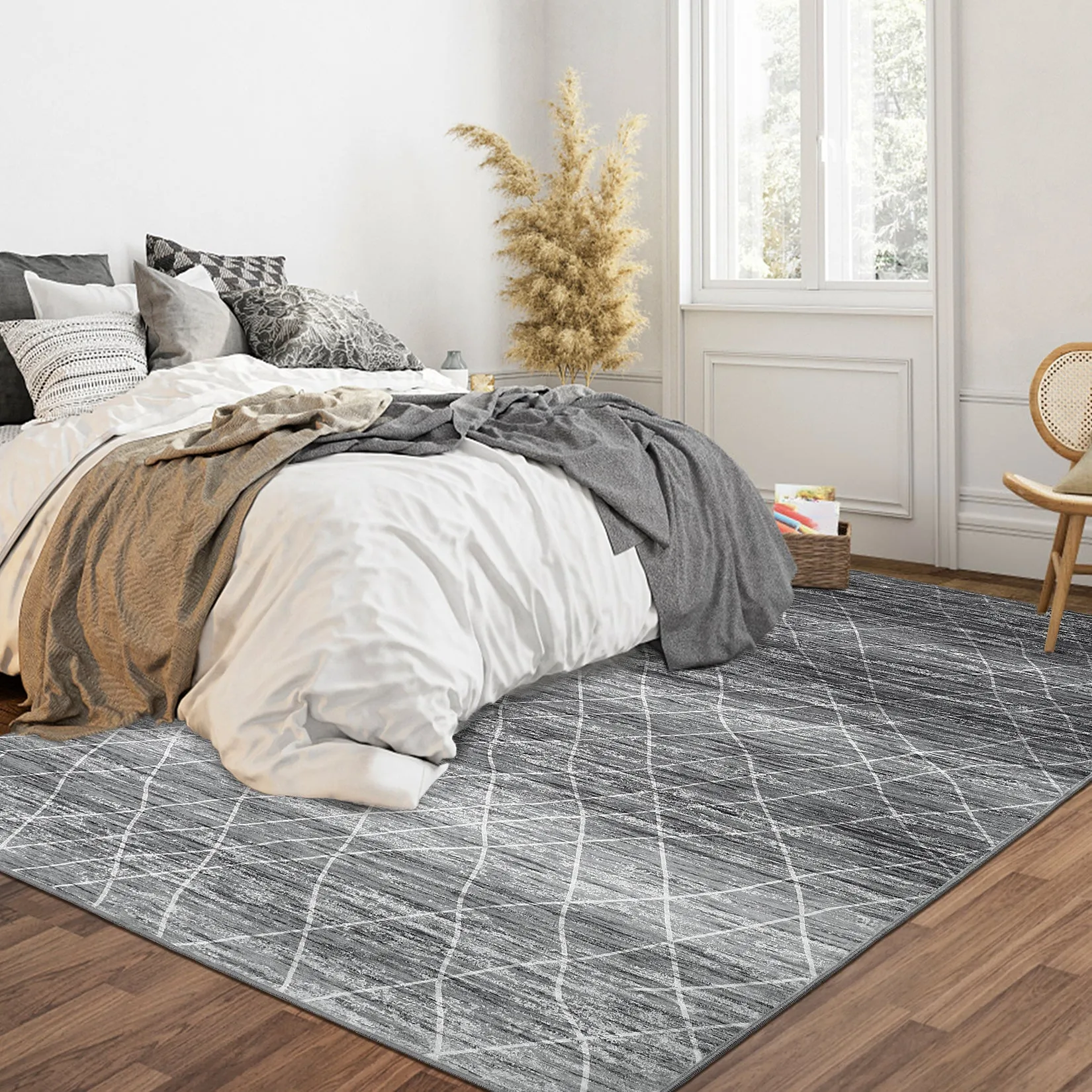 Washable Boho Area Rug for Living Room, Non Slip Neutral Farmhouse Entryway Rug Indoor, Easy Cleaning, Non Shedding, Kitchen Floor Mat Carpet Runner Rugs for Hallway Living Room Bedroom Kitchen Laundry Holiday Decor,Grey Brown Blue