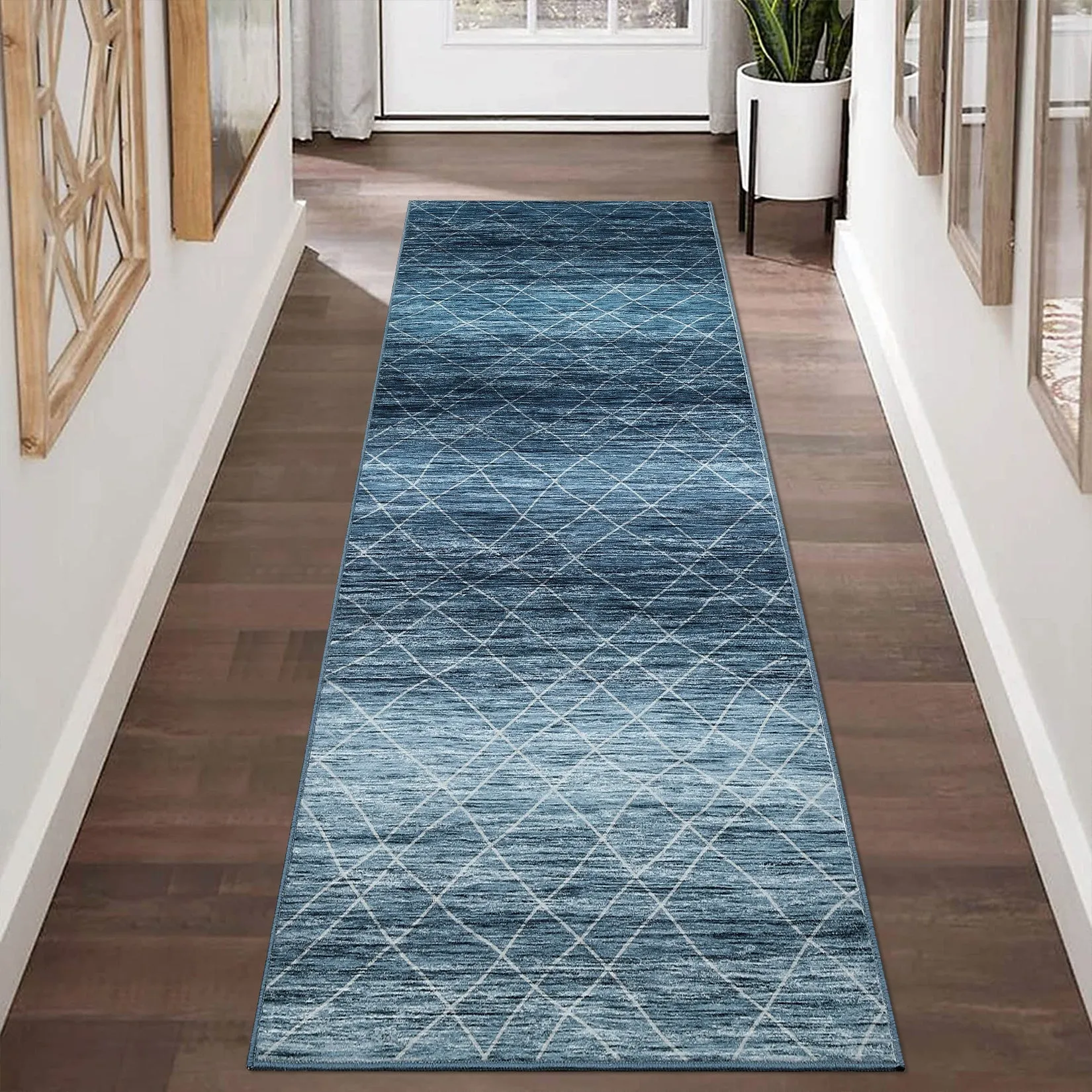 Washable Boho Area Rug for Living Room, Non Slip Neutral Farmhouse Entryway Rug Indoor, Easy Cleaning, Non Shedding, Kitchen Floor Mat Carpet Runner Rugs for Hallway Living Room Bedroom Kitchen Laundry Holiday Decor,Grey Brown Blue