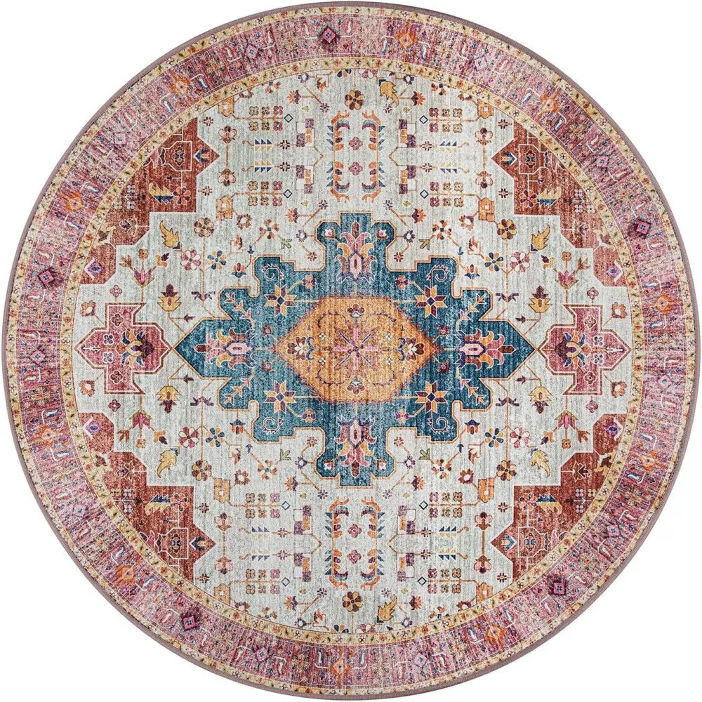 Washable Round Rugs Bohemian Circle Rugs for Living Room Entryway Round Area Rug Floral Non Slip Carpet for Bedroom Dining Table