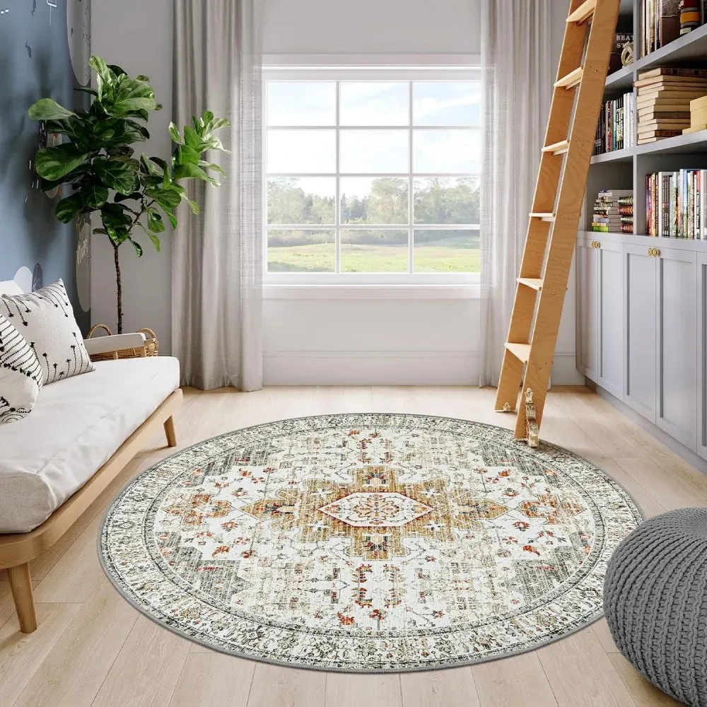Washable Round Rugs Bohemian Circle Rugs for Living Room Entryway Round Area Rug Floral Non Slip Carpet for Bedroom Dining Table