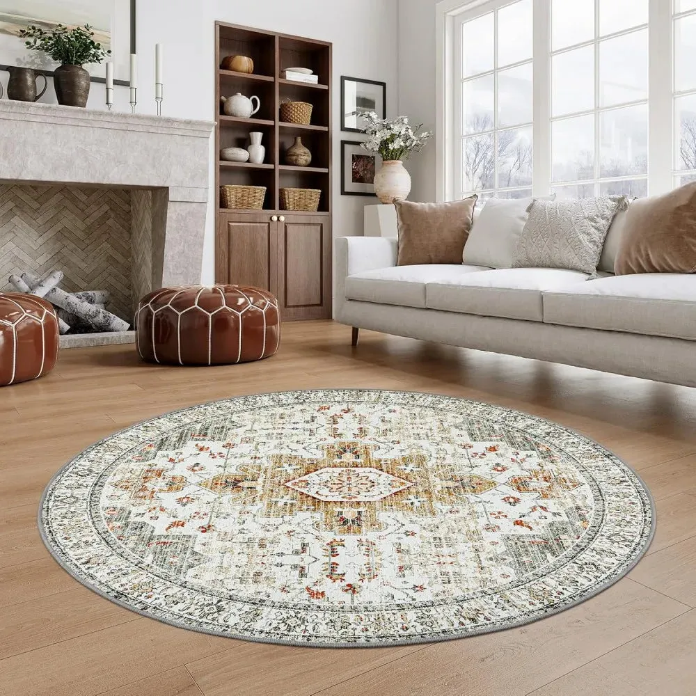 Washable Round Rugs Bohemian Circle Rugs for Living Room Entryway Round Area Rug Floral Non Slip Carpet for Bedroom Dining Table