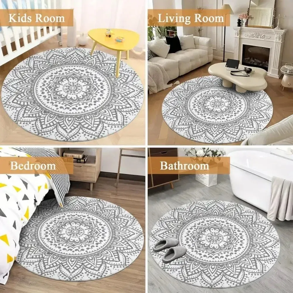 Washable Round Rugs Bohemian Circle Rugs for Living Room Entryway Round Area Rug Floral Non Slip Carpet for Bedroom Dining Table