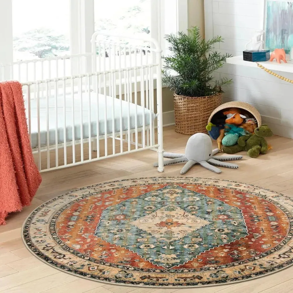 Washable Round Rugs Bohemian Circle Rugs for Living Room Entryway Round Area Rug Floral Non Slip Carpet for Bedroom Dining Table