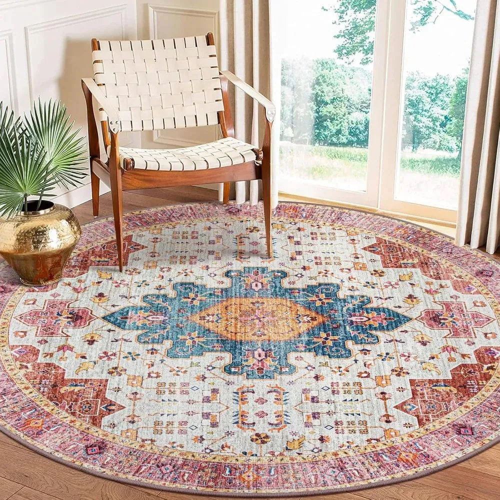 Washable Round Rugs Bohemian Circle Rugs for Living Room Entryway Round Area Rug Floral Non Slip Carpet for Bedroom Dining Table