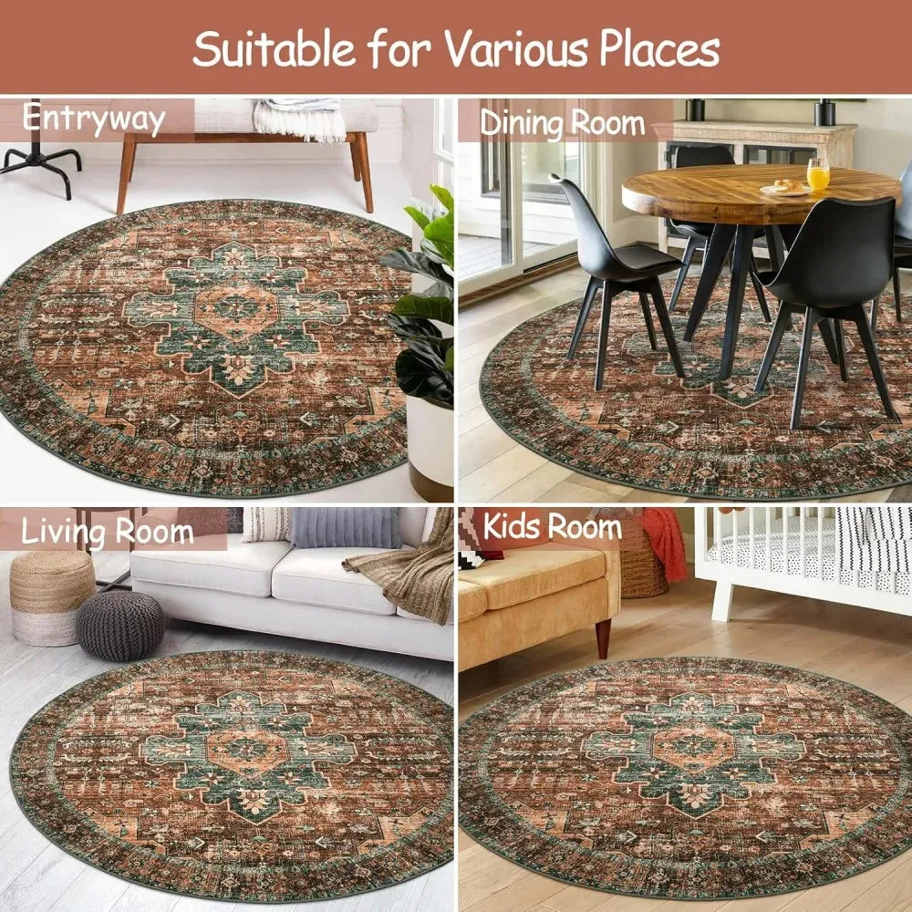 Washable Round Rugs Bohemian Circle Rugs for Living Room Entryway Round Area Rug Floral Non Slip Carpet for Bedroom Dining Table