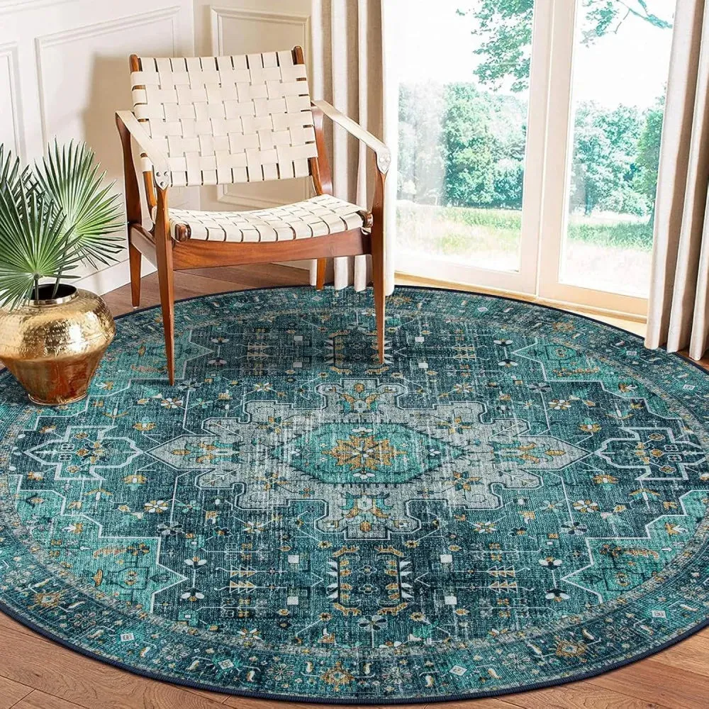 Washable Round Rugs Bohemian Circle Rugs for Living Room Entryway Round Area Rug Floral Non Slip Carpet for Bedroom Dining Table