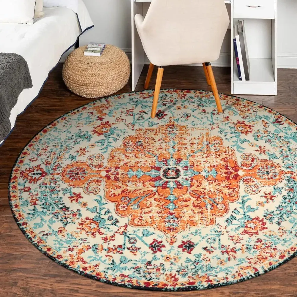 Washable Round Rugs Bohemian Circle Rugs for Living Room Entryway Round Area Rug Floral Non Slip Carpet for Bedroom Dining Table