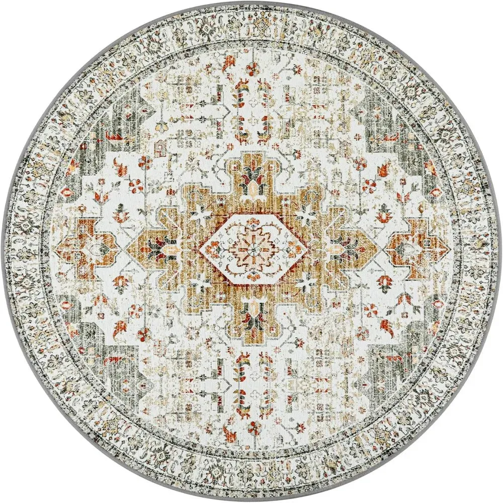Washable Round Rugs Bohemian Circle Rugs for Living Room Entryway Round Area Rug Floral Non Slip Carpet for Bedroom Dining Table