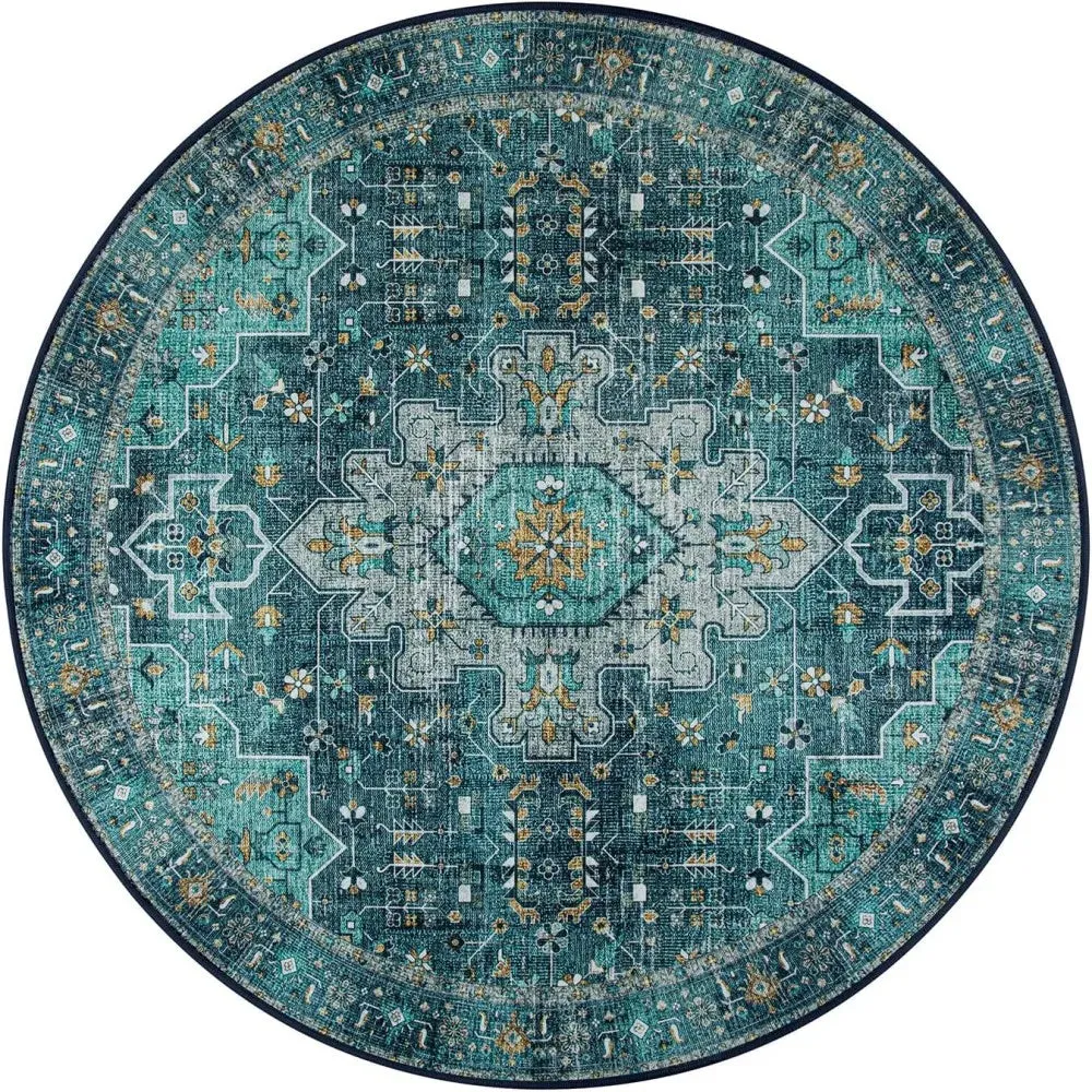 Washable Round Rugs Bohemian Circle Rugs for Living Room Entryway Round Area Rug Floral Non Slip Carpet for Bedroom Dining Table