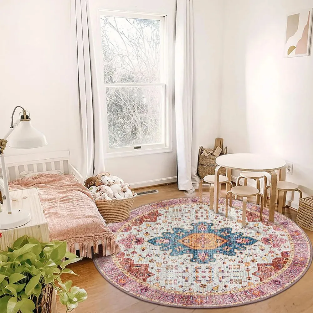 Washable Round Rugs Bohemian Circle Rugs for Living Room Entryway Round Area Rug Floral Non Slip Carpet for Bedroom Dining Table
