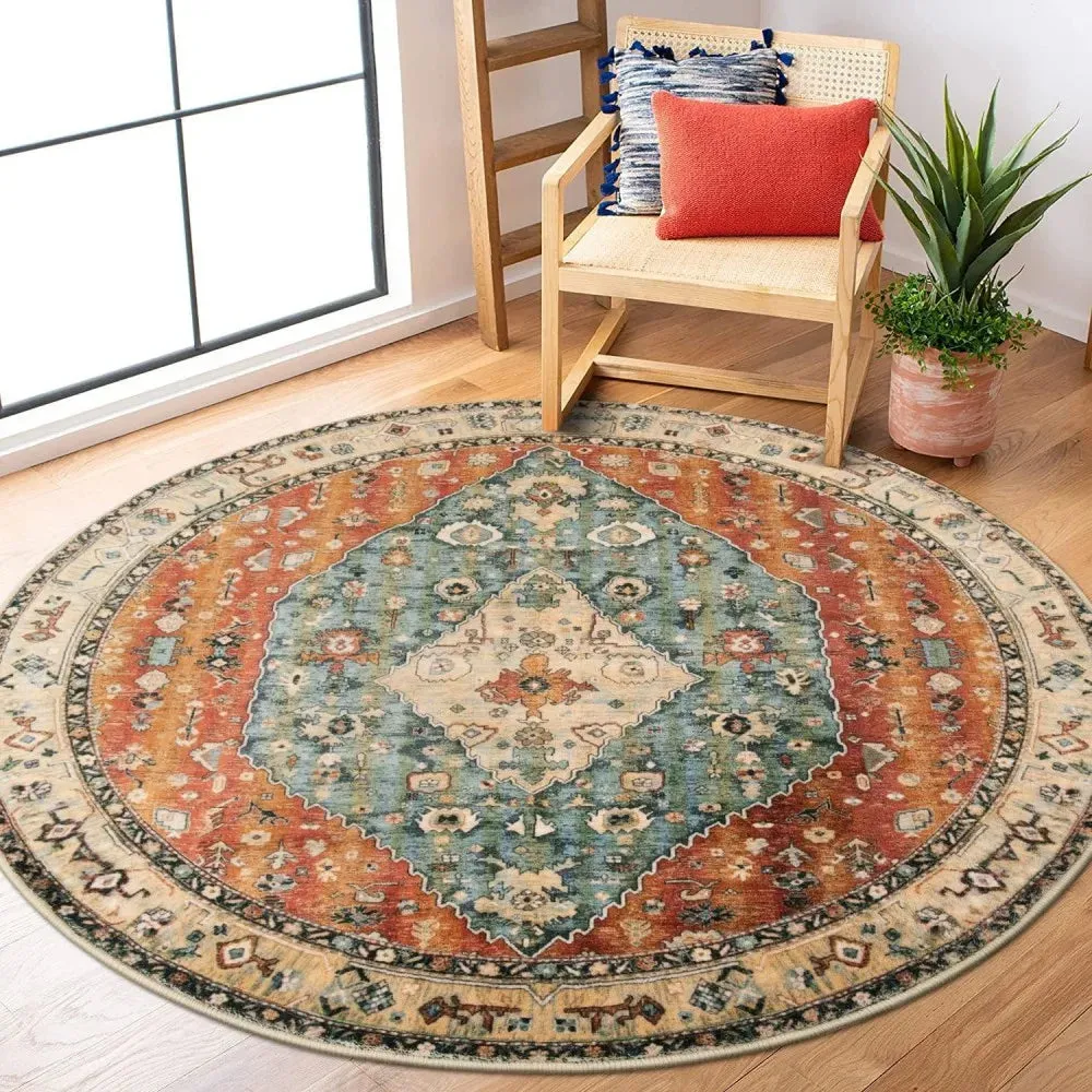 Washable Round Rugs Bohemian Circle Rugs for Living Room Entryway Round Area Rug Floral Non Slip Carpet for Bedroom Dining Table