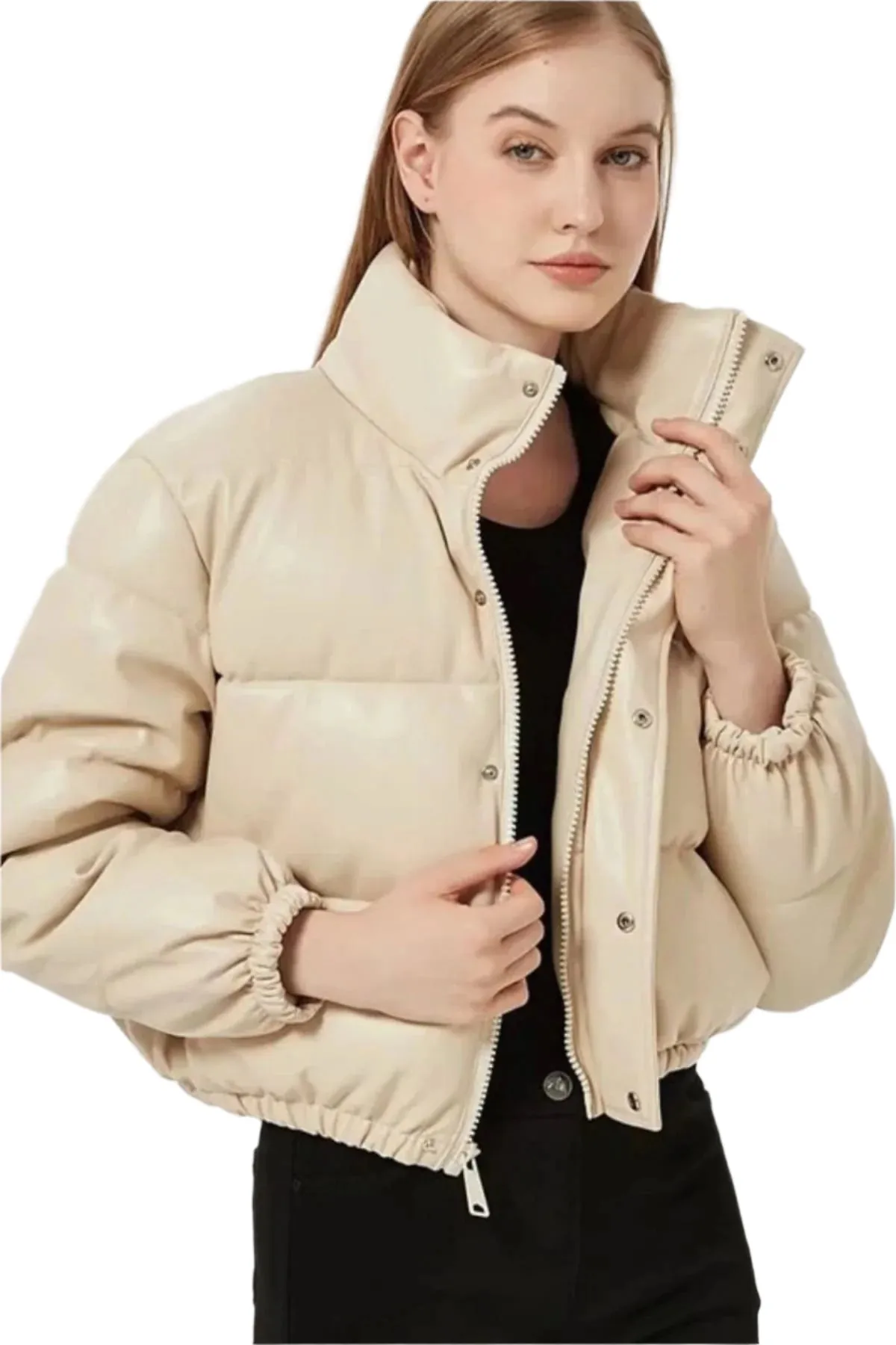 Women's Faux Leather Crop Puffer Jacket