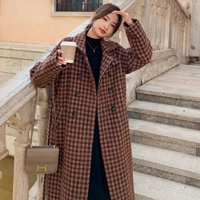 Women's Plaid Wool Blend Coat - Stylish Street Fashion Outerwear