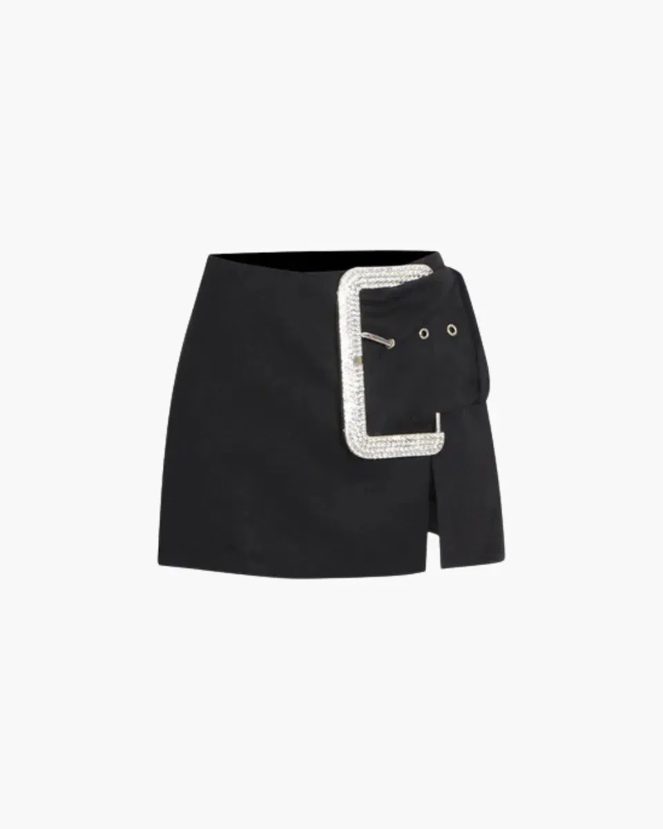 Zeno – Crystal buckle detail – High-split mini skirt